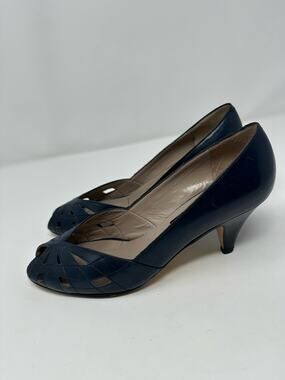 Vintage 80s Vaneli Made in Italy Blue Leather Cut Out Peep Toe Pumps size 6.5